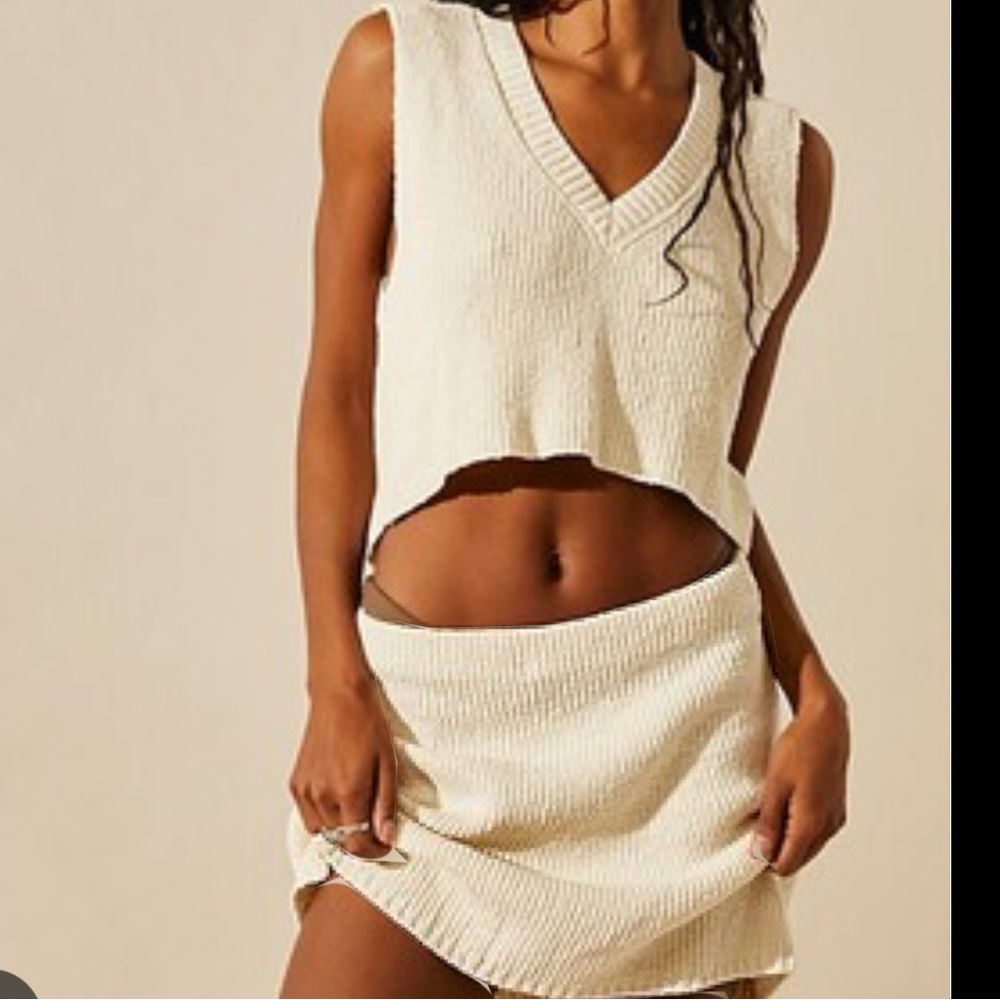 Free People Cream Knit Crop V-Neck Top and Skirt Set
